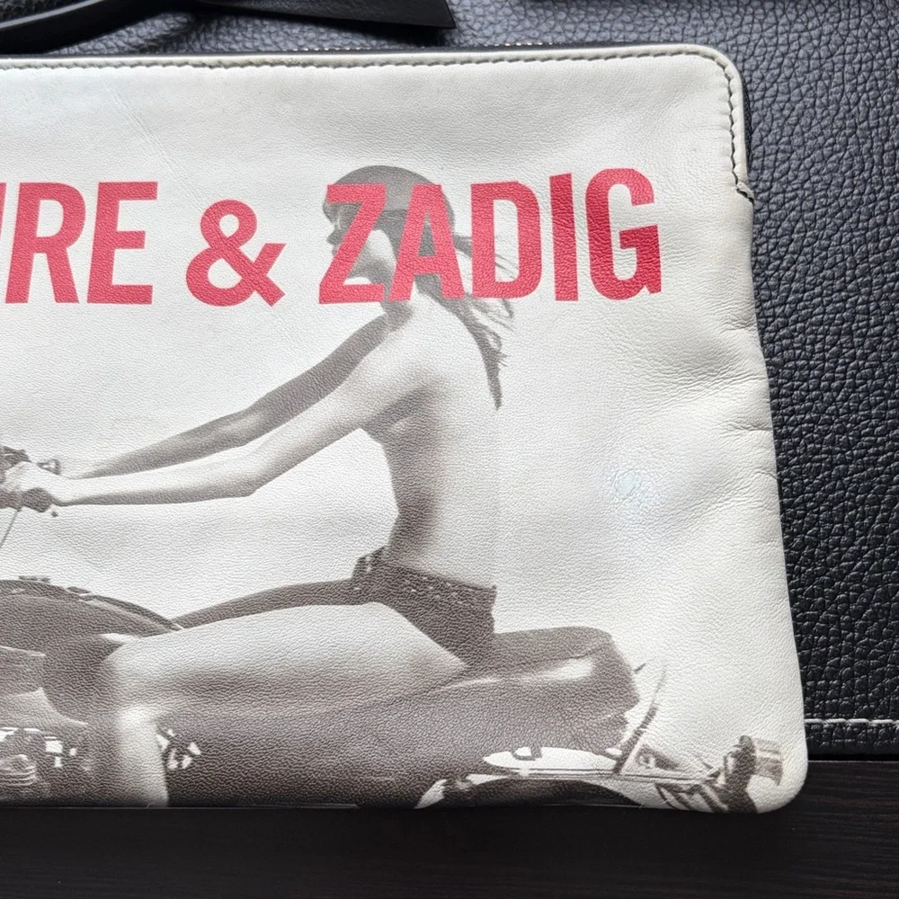 Zadig and Voltaire white leather clutch bag black white woman motorcycle logo - Picture 2 of 11